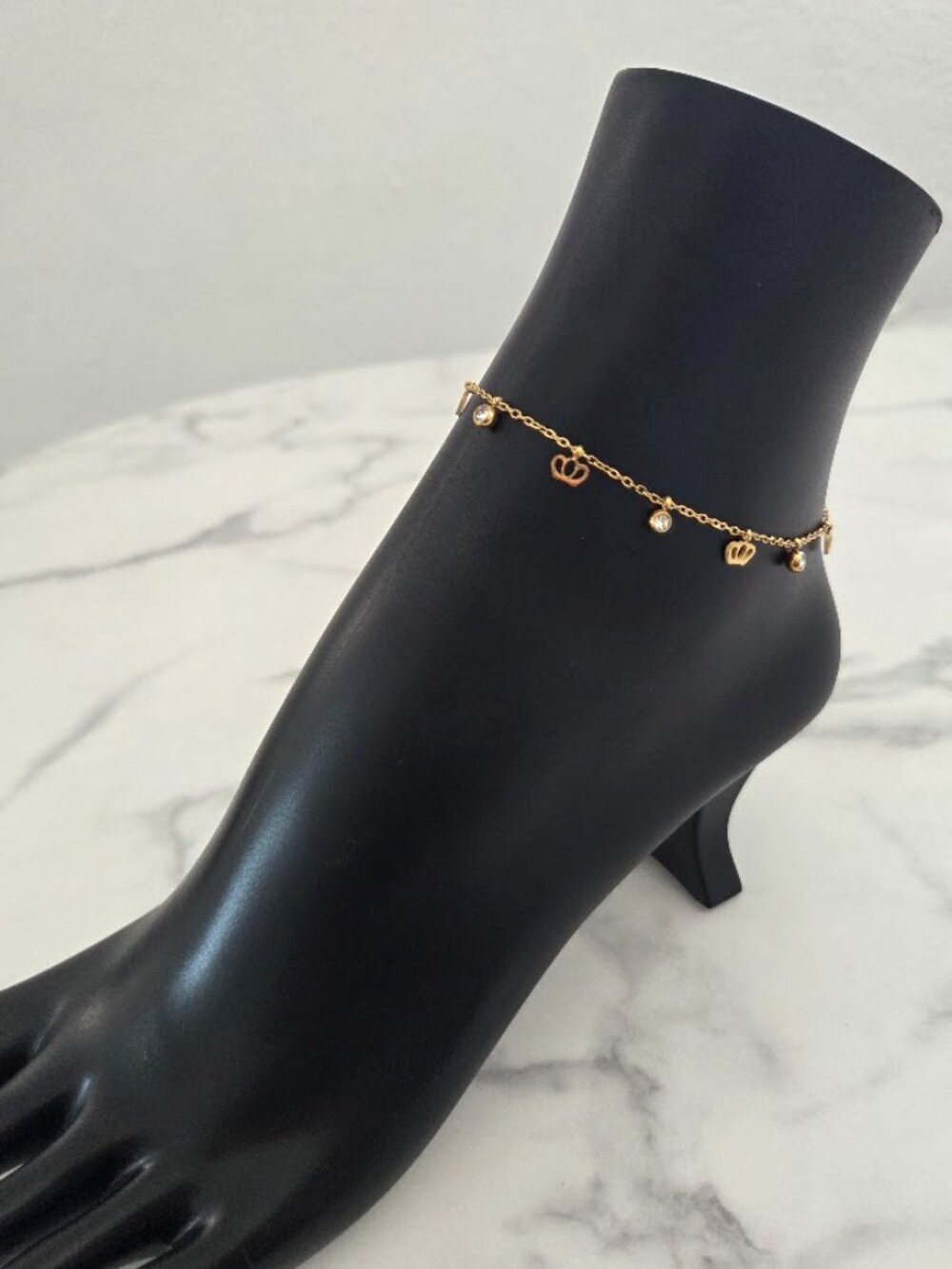 Gold Chain Anklet with Crown and Rhinestone Charms Delicate Beach Jewelry - Picture 6 of 13